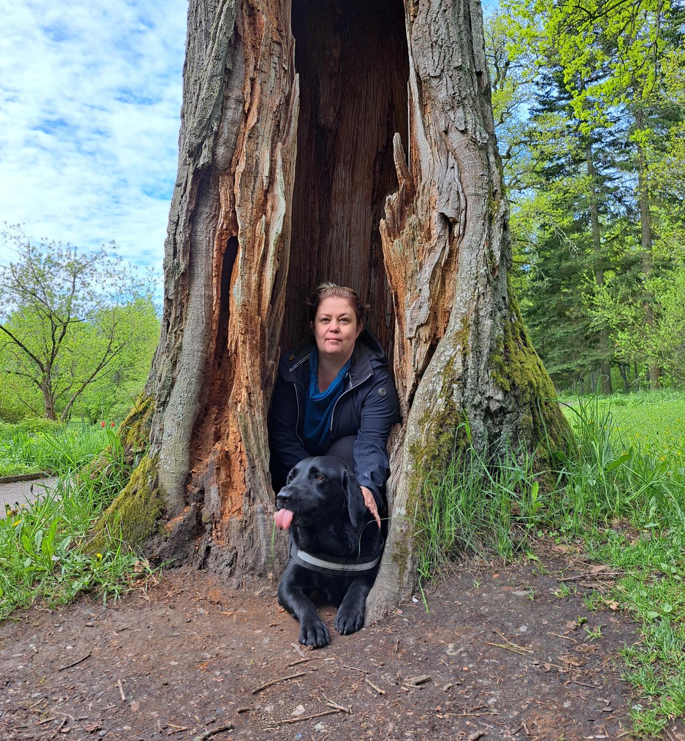 Mira istuu suuren, ontoksi lahonneen puun rungon sisällä metsässä. Hänen edessään makaa musta koira, jolla on valjaat. Taustalla näkyy vehreää metsää ja keväisiä puita.